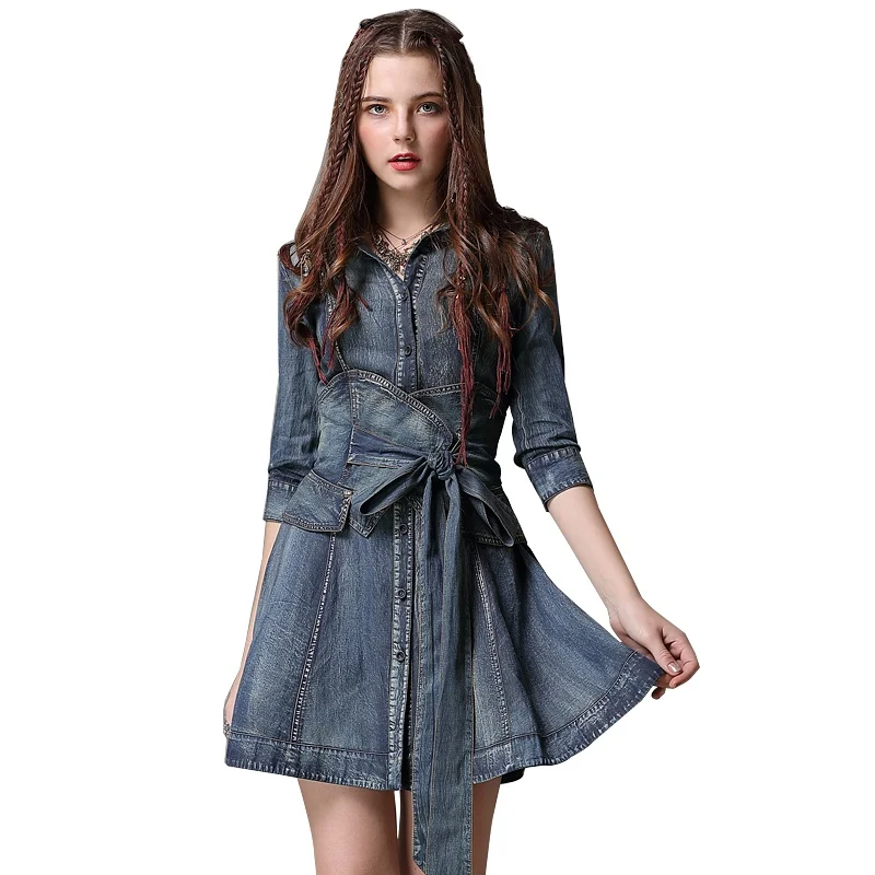 Летнее платье Yuzi. may-boho новые джинсовые платья с отложным воротником трапециевидной формы однобортный рукав три четверти Vestios A82085 - Цвет: Denim