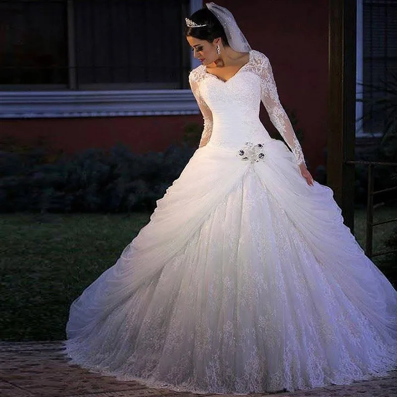 -Ball-Gown-Wedding-Dresses-2016-V-Neck-Long-Sleeves-Beading-Rhinestone-White-vestido-de-noiva