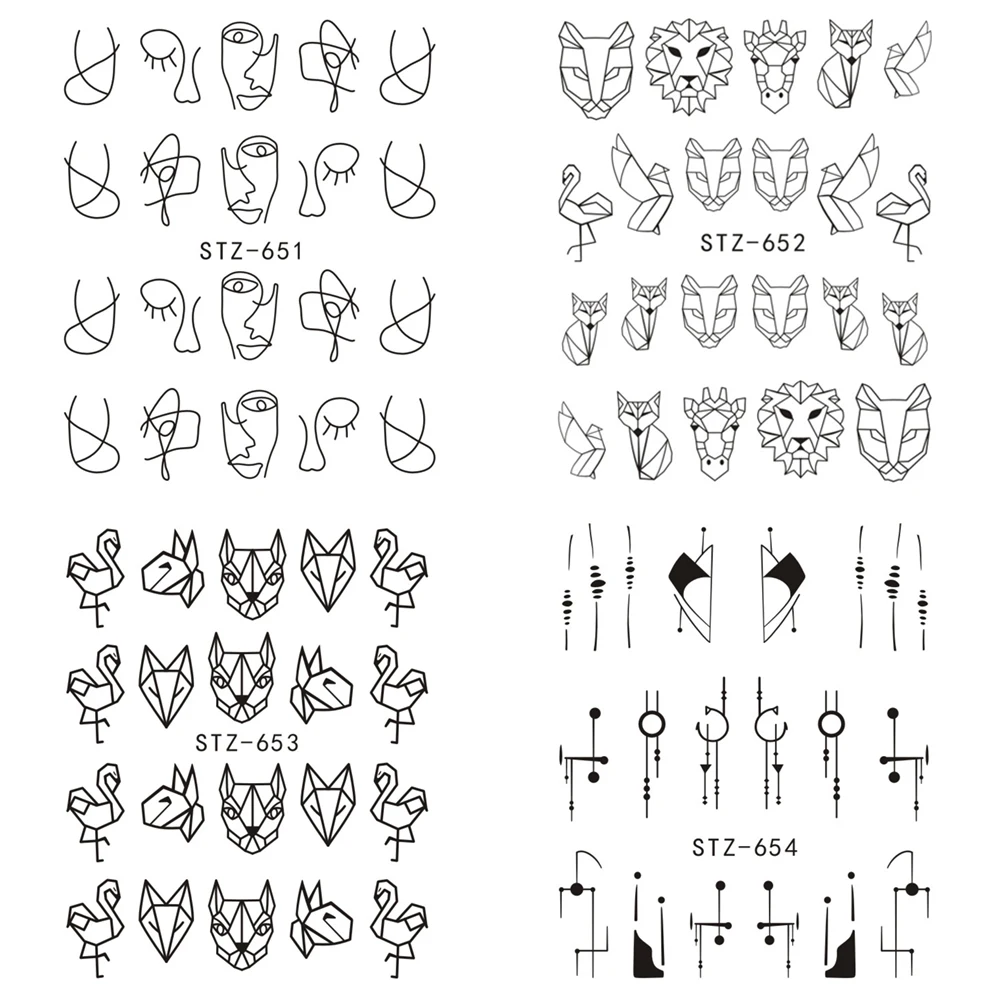 1 шт переводные наклейки для ногтей с водой, полые наклейки для тату, геометрические фламинго, собака, слайдер, клей, украшение, маникюр, BESTZ651-654