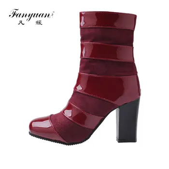 

Fanyuan High Heel Sexy Mix Color Ankle Boots Zip Platforms Shoes Ladies Square Heels Vintage Botas Footwear Mujer Size 32-47