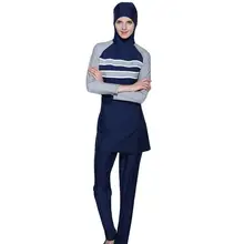 Женский купальник в полоску с принтом Мусульманский купальник хиджаб исламский плюс размер длинный рукав Купальник с капюшоном