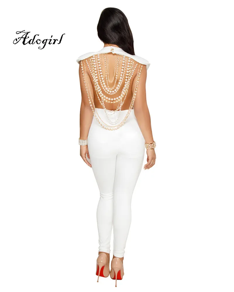 Adogirl 2018 Spring Sexy Back Pearl Chain Women Jumpsuit White-2