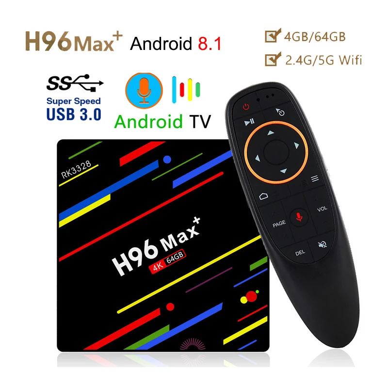 

H96 Max Plus Smart TV Box RK3328 Quad Core 64bit 4GB/64GB Android 8.1 2.4Ghz Wifi Bluetooth 4.0 HD 4k Media Player Set Top Box