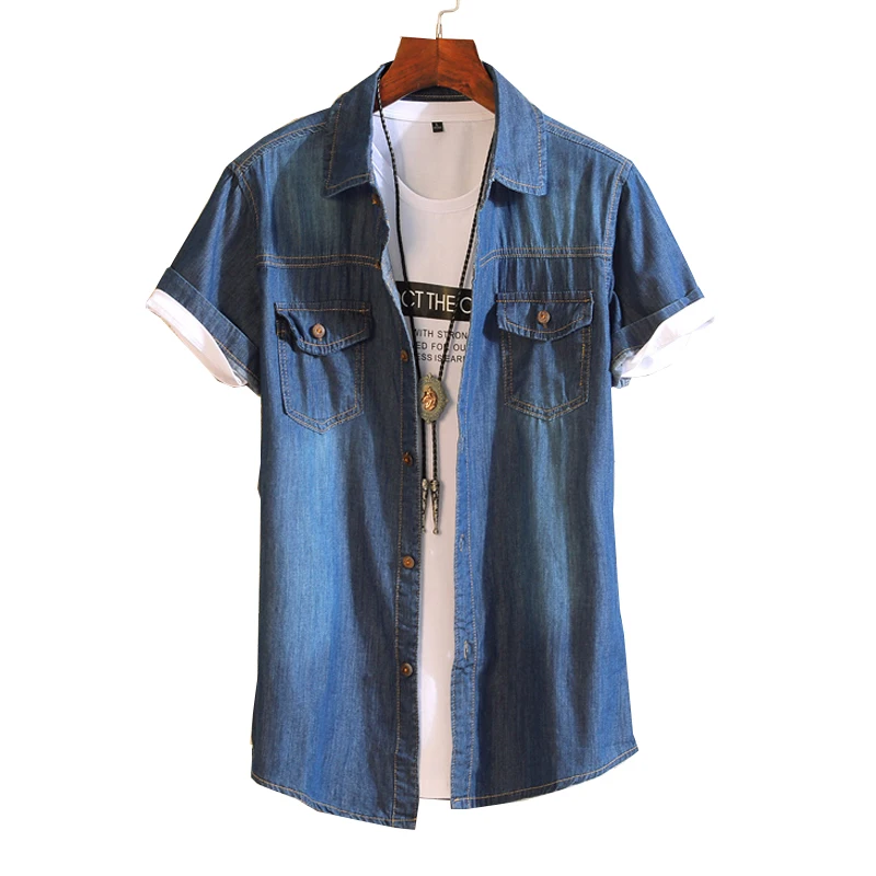 Men Summer Navy Blue Denim Shirts 100 Cotton Casual Jean Shirts High
