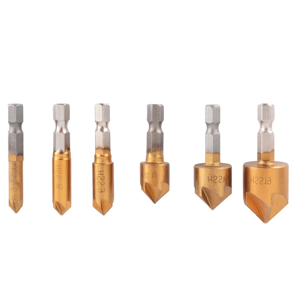 

6pcs 5 Flute 1/4" Hex Shank HSS Chamfer Woodworking Cutter 90 Degree Countersink Drill Bit 6/8/9/12/16/19mm