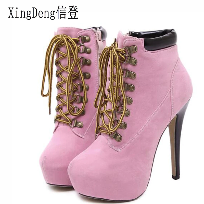 

XingDeng Lady Party Office Riding Boots Women Thin Heels Round Toe Flock Lace Up Bandage High Heel Ankle Motorcycle Boots Shoes