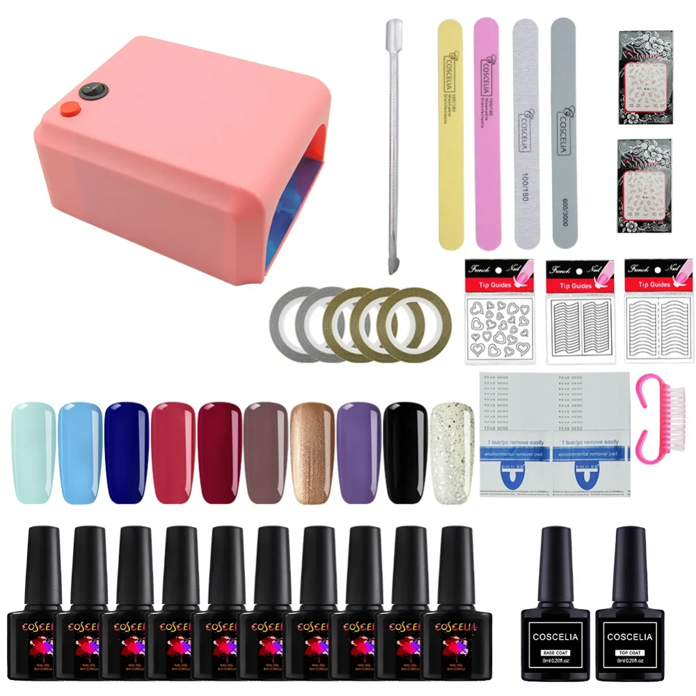 

10 Colors Gel Nail Art Kit 36W UV Nail Lamp Semi Permanent Lacquer Top Base Coat Gel Polish Manicure Set For Nail Varnishes 8ml