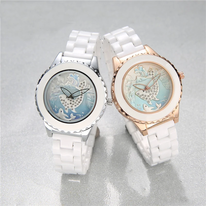 Модные креативные Роскошные Для женщин наручные Дельфин Дизайн кварц женский Часы белый Керамика ремень Водонепроницаемый часы Relogio