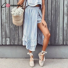 Conmoto Высокая талия Синий Полосатый для женщин Юбки-миди осень г. нерегулярные разрез Женская юбка повседневное вечерние свободные юбки для