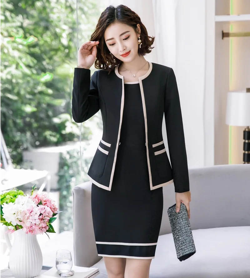 Fashion Elegant Black Business Suits With Jackets And Dress Long Sleeve