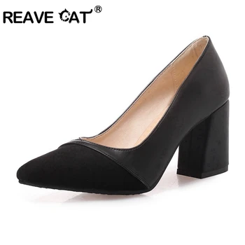 

REAVE CAT Shoes Square Heel Women Pointed Toe Pumps Gray High Square Heels Flock Leather Black Party Shoes Plus size 44 45 A1696