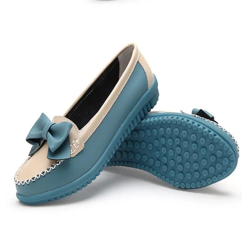 

Women 2018 Split Mixed colors Leather Shoes Woman BowKnot Loafers Round Toe Ballerina Flats Slip On Comfortable Moccasins