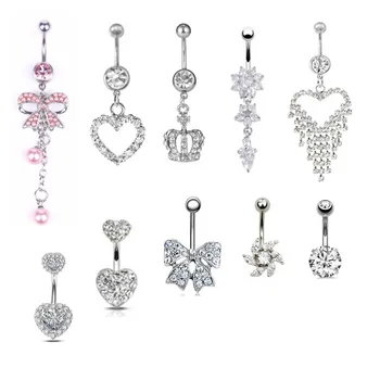 

10-piece Set Stainless Steel Zircon-encrusted Belly Button Ring Sexy Lady Body Piercing Jewelry Anti-allergy Navel Ring