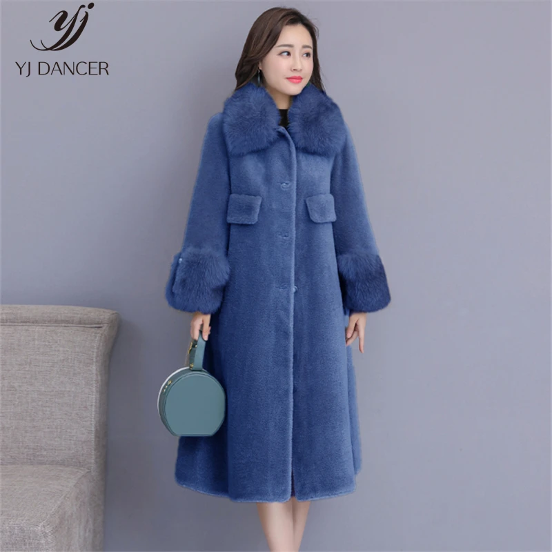 

Sheep Sheared Coat Temperament Female Models Winter 2018 Fashion New High quality Fox Fur Collar Long Loose Large Size Fur Coat