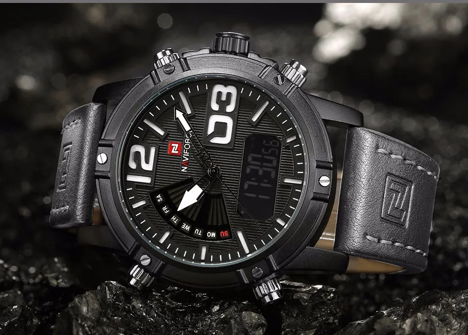 New NAVIFORCE Men Watch Dual Time Zone Alarm LCD Sport Watch Mens Quartz Wristwatch Waterproof Dive Sports Digital Watches