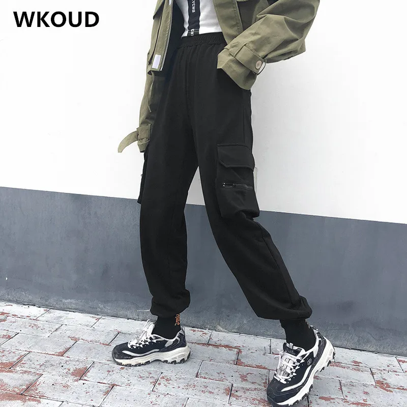 

WKOUD Women Solid Black Streetpants Fashion Sexy High Waist Cargo Pants Joggers Casual Koren Streetwear Pocket Trousers P8769