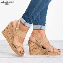 WHOHOLL Women Sandals Leather Wedges Heel Sandals Female Beach Gladiator Sandals Ladies Thick Botton Sandals Shoes Zapatos Mujer women new design white leather lace up mix color ball design thick heel sandals gladiator sandals ladies beach sandals