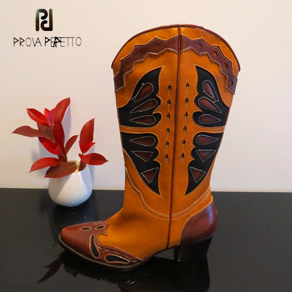 

Prova Perfetto pointed toe chunky high heel cowboy boots women carving patchwork real leather retro style boots zapatos mujer