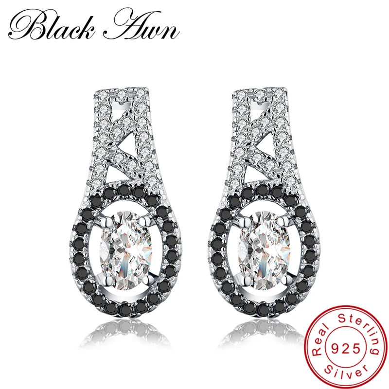 

[BLACK AWN] Wedding Stud Earrings for Women Genuine 925 Sterling Silver Jewelry Black Spinel Stone Tower Earrings T067