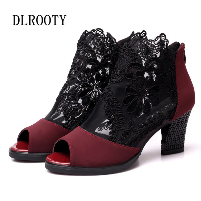 

Woman Sandals Shoes 2019 Summer Style Mesh Pumps High Heels Peep Toe Zip Fashion Hollow Solid Gladiator Plus Size 35-43