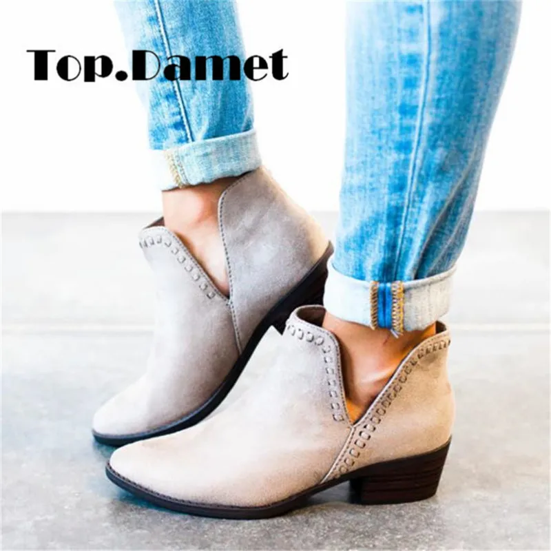 

Top.Damet Women Ankle Boots Vintage Spring Autumn Flock Pointed Toe Boots Slip On Square Heel Solid Color Shoes Woman Plus Size