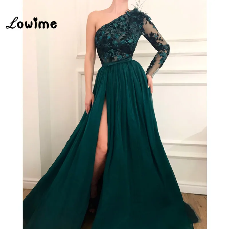 

Embroidery One Shoulder Evening Dress High Split Side Green Prom Dresses 2018 Feather Middle East Party Gown Arabic Robe Longue
