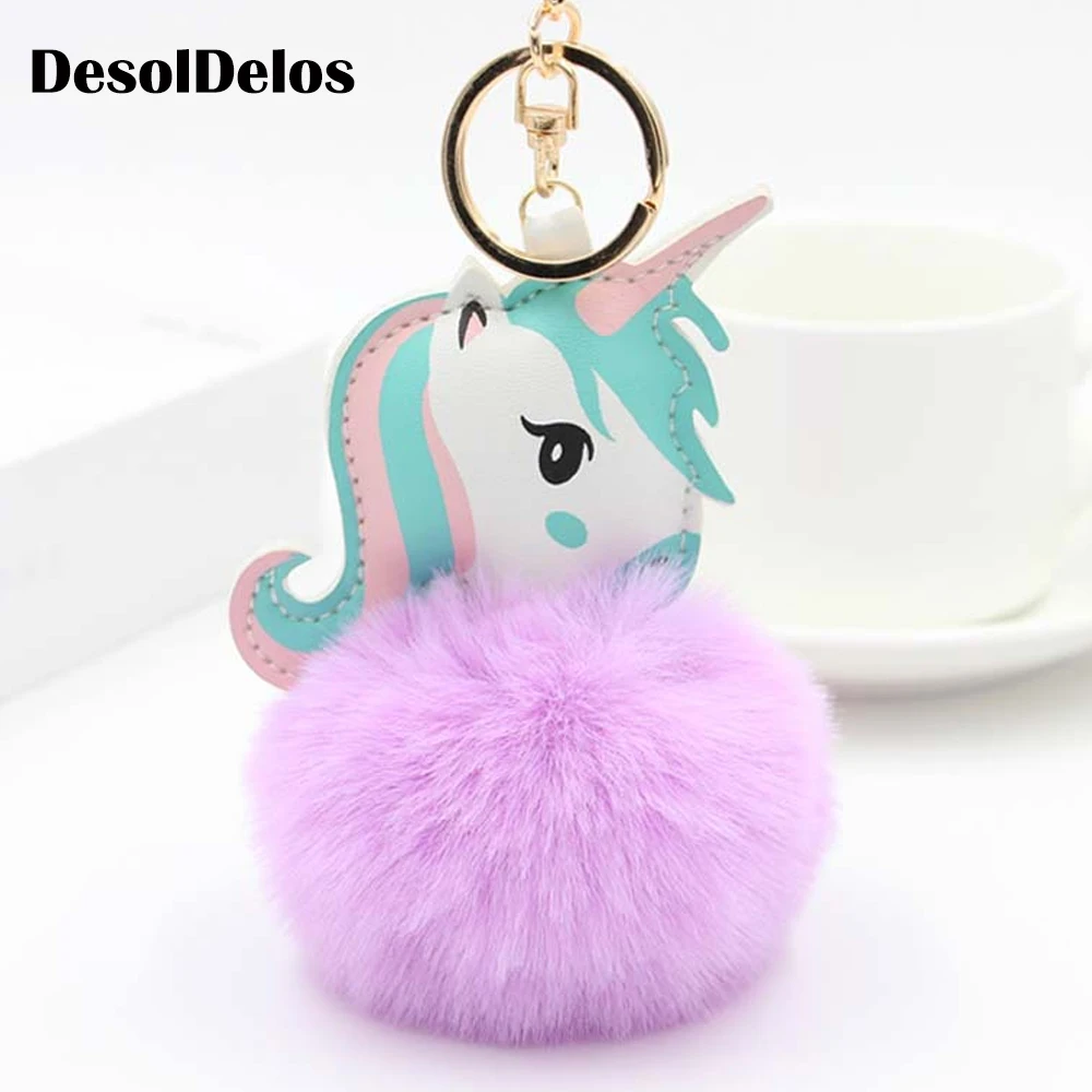 

Hot Sale Pom Unicorn Keychain Fur Ball Horse Key chain porte clef holder fluffy pompon Bag Car Key Ring For Women Accessories
