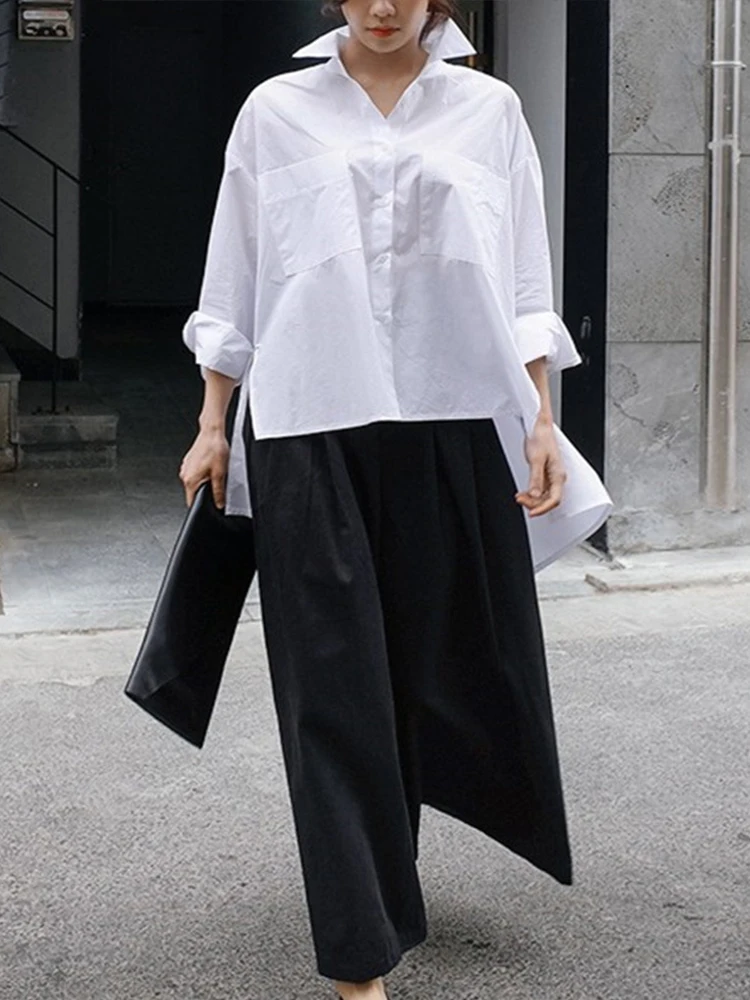 Anomalistic White Shirt Women's Summer Blouse Pockets Turn-down Collar Long Sleeve Casual Tunic Cotton Fashion Cape Shirts Tops