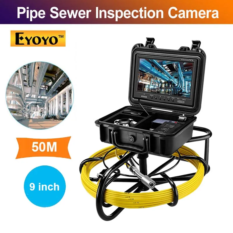

Eyoyo Pipeline Endoscope Inspection Camera 50M Industrial Pipe Sewer Drain Video with 9 Inch LCD Monitor 1000TVL Snake Cam