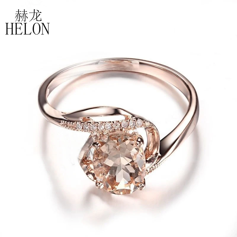

HELON Solid 10K Rose Gold 7x5mm Oval Shape Morganite Natural Diamonds Jewelry Unique Engagement Wedding Fine Ring