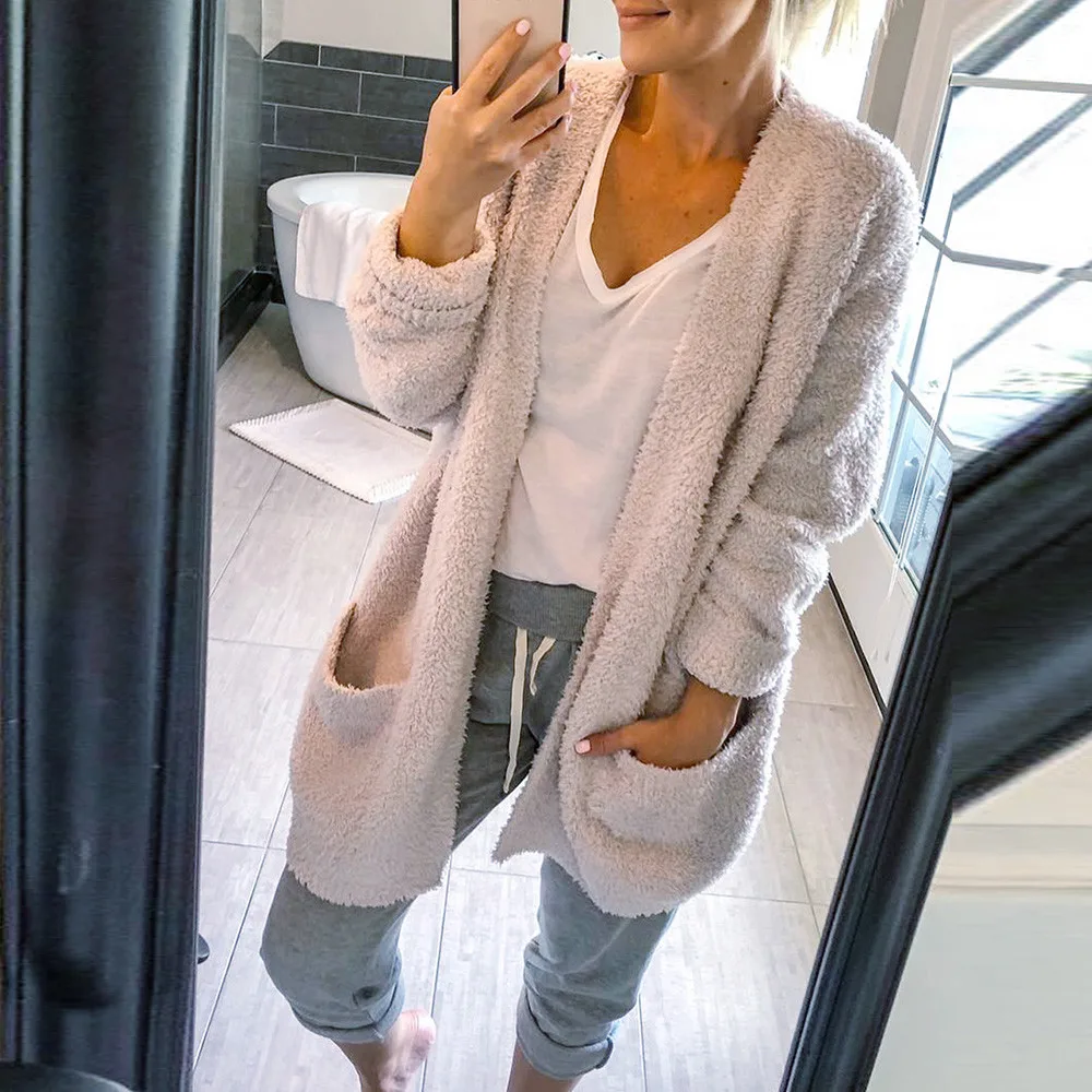 

FeiTong Cardigan Sweater Women Casual Solid Winter Warm Wool Pockets Knitted Cardigan Women Long Sleeve Outwear Female Coat