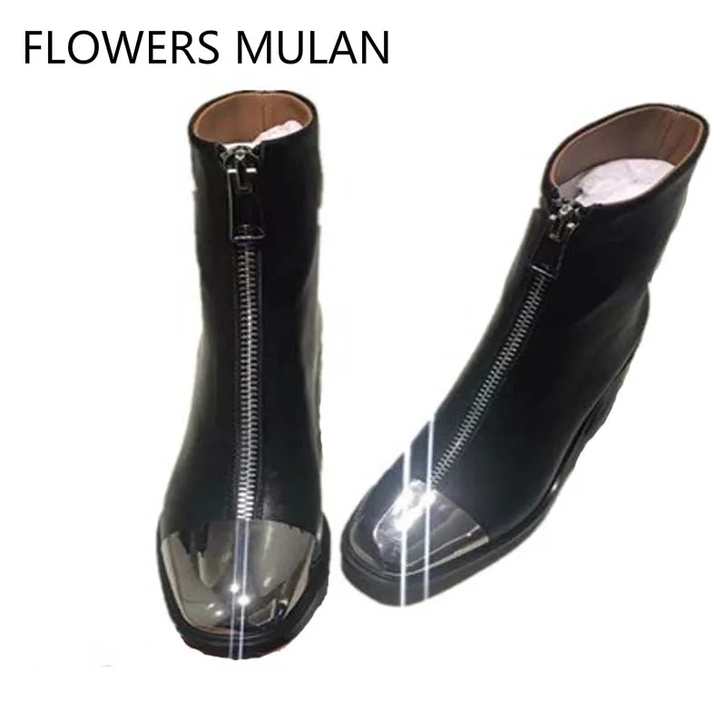 

2018Iron Square Toe Front Zip Botines Mujer New Brand Designer Women Shoes Chunky High Heels Ankle Boots For Women Real Leather