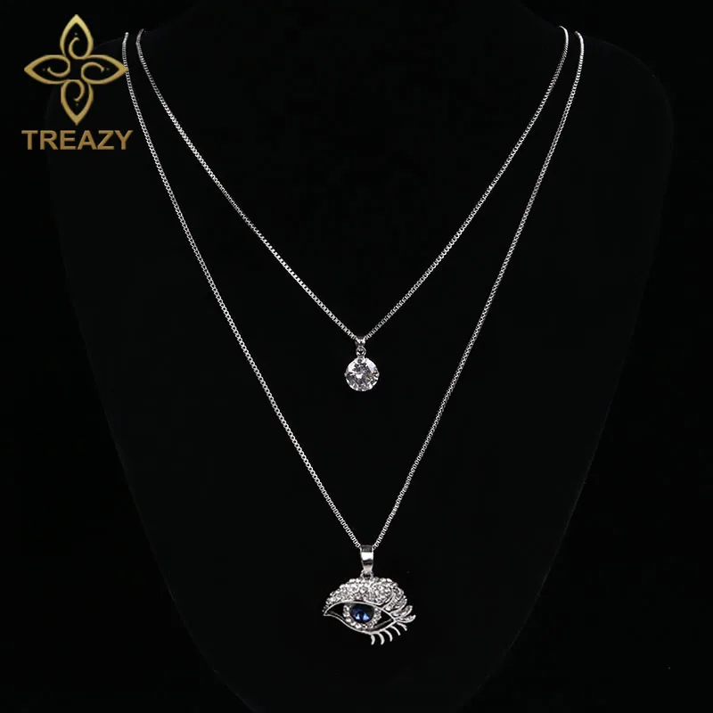 

TREAZY Double Layer Chain Pendant Necklace Blue Crystal Eye Shape Pendant Long Necklace for Women Fashion Jewelry Christmas Gift