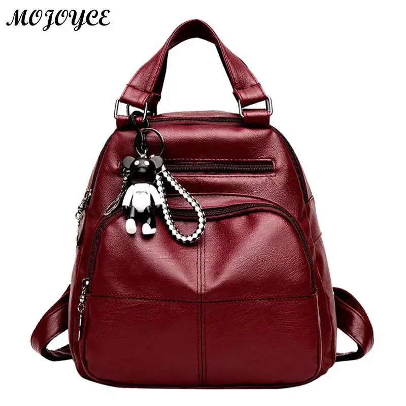 

Women Fashion Soft PU Leather Zipper Backpacks Travels Casual Female Teenage Girl Shoulder Bag Schoolbag Wine Red/Black