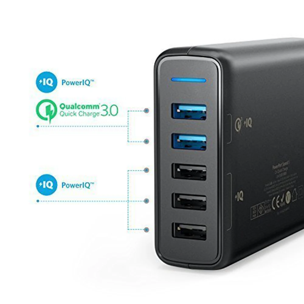 Anker Quick Charge 3.0 63W 5 Port US/UK/EU USB Wall Charger, PowerIQ PowerPort Speed 5 for Galaxy S7 S6 Edge Plus, Note 5 4 etc