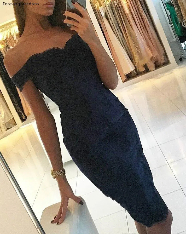 Elegant Navy Blue Mermaid Sheath Cocktail Dresses Elegant Off Shoulders Lace Appliques Backless Knee Length Prom Gowns Mother Dress 110 (3)