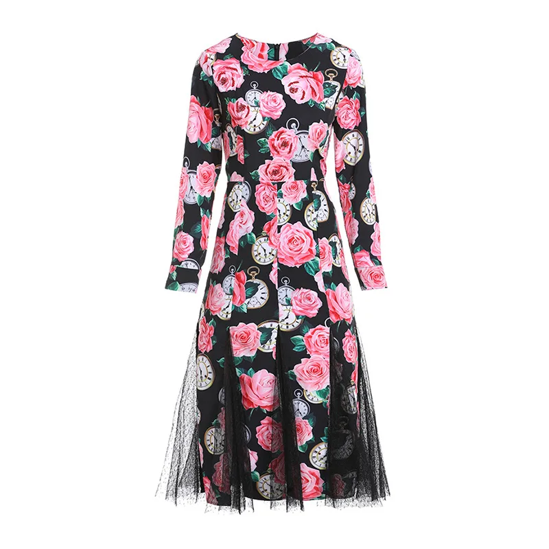 

High quality mesh patchwork dress New 2019 spring summer runways floral print diamonds dress A188