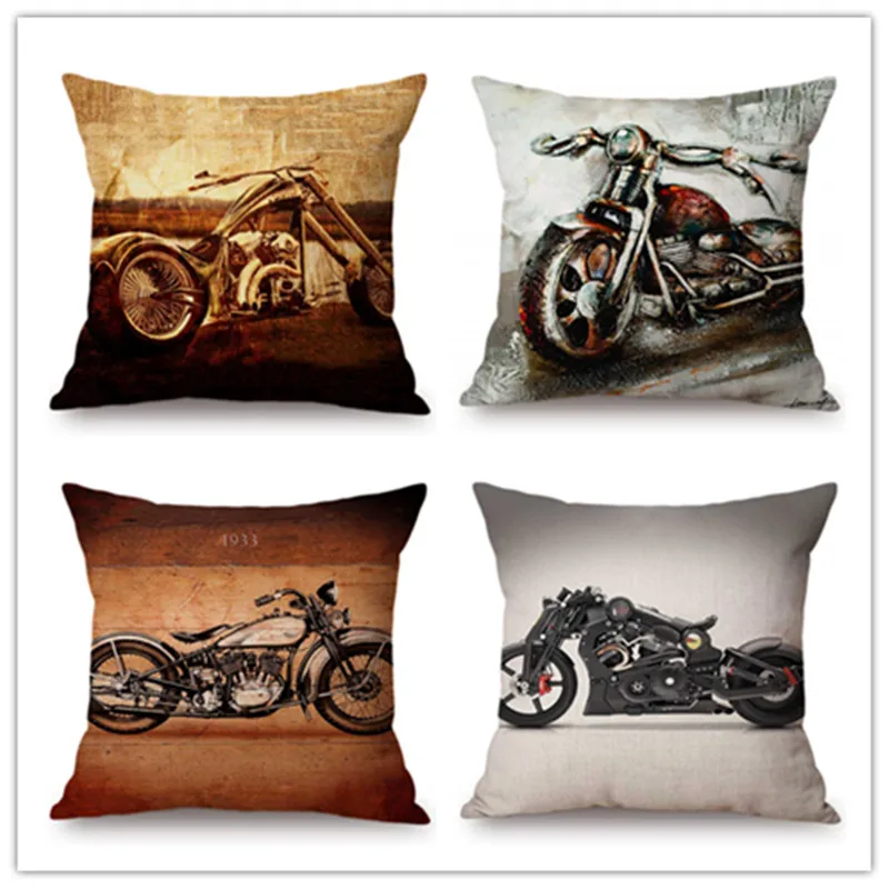 

Vintage Oil Painting Motorcycle Decorative Sofa Cushion Cover Cotton Linen Motorbike Club Home Decor Old Fashion Pillow cover
