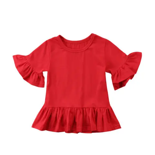 Baby Children Girl Blouse Top Half Sleeve Ruffle Solid Red Cute
