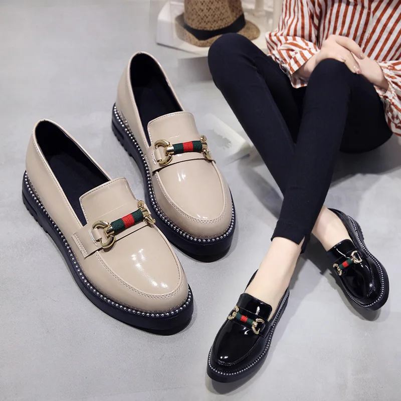 

New Muffin Thick Bottom Flat Bottom Casual Set Feet British Wind Lacquer Leather Shoes