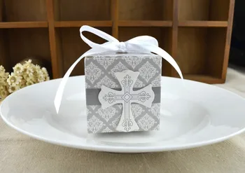 

50pcs First Communion favor cross candy box Christening baby shower wedding party bomboniere wrap holders with ribbons