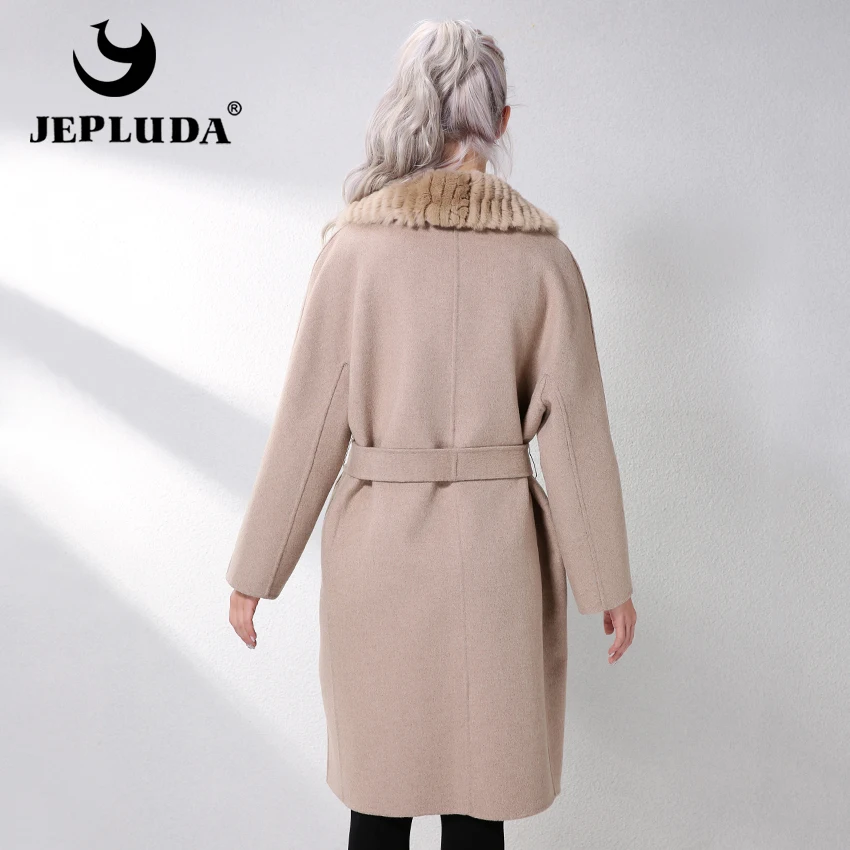 JEPLUDA New Cashmere Coat Women Genuine Rex Rabbit Fur Lapel Collar Wool Coat long Real Fur Coat Genuine Leather Jacket Women