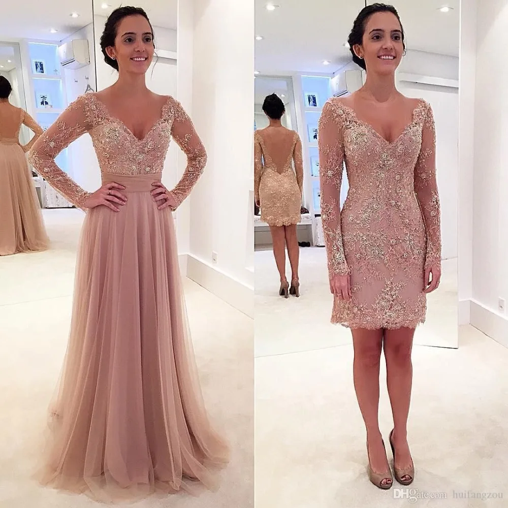 Nude Pink Long Sleeves 2 Piece Prom 