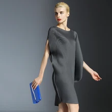 Changpleat Irregular Dresses For Women Pleated O-neck Loose Elegant Solid Large Size Dress Black Bat Sleeve Summer Dresses D0909