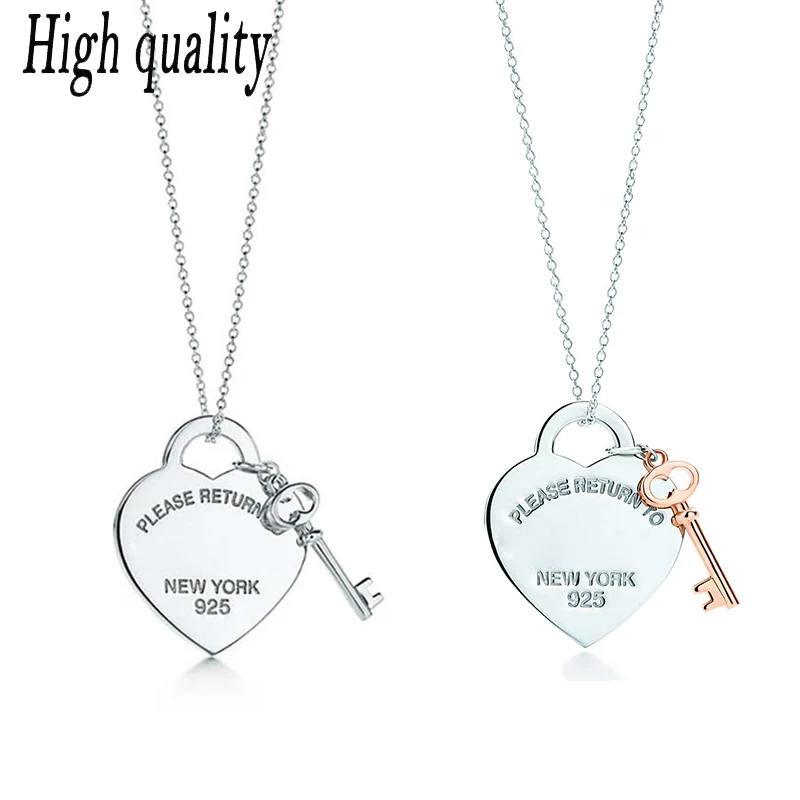

Tiff 100%925 Sterling Silver Necklace Jewelry Heart Pendant Rose Gold Key Necklace DIY Glamour Fashion Women's Gift