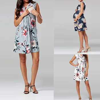 

Women Sleeveless Pregnant Maternity Dress Flower Nursing Pregnancy Casual lactation pregnant dress breastfeeding clothes