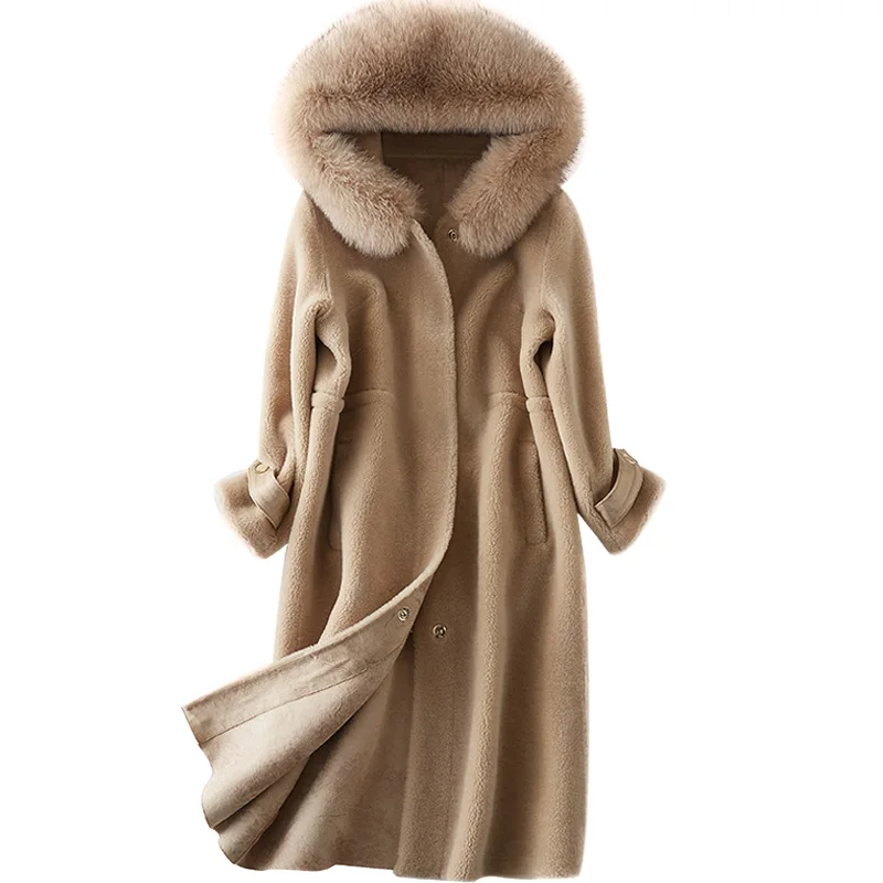 

Fox Fur Collar Sheep Shearing Fur Real Fur Coat Autumn Winter Jacket Women Clothes 2018 Long Coat Hooded Women Tops ZT226