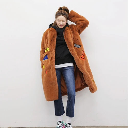 Зимняя женская хлопковая куртка с искусственным мехом, толстая длинная парка с вышивкой, плюшевая верхняя одежда, Женское шерстяное пальто, кардиган SUN64 - Цвет: Brown