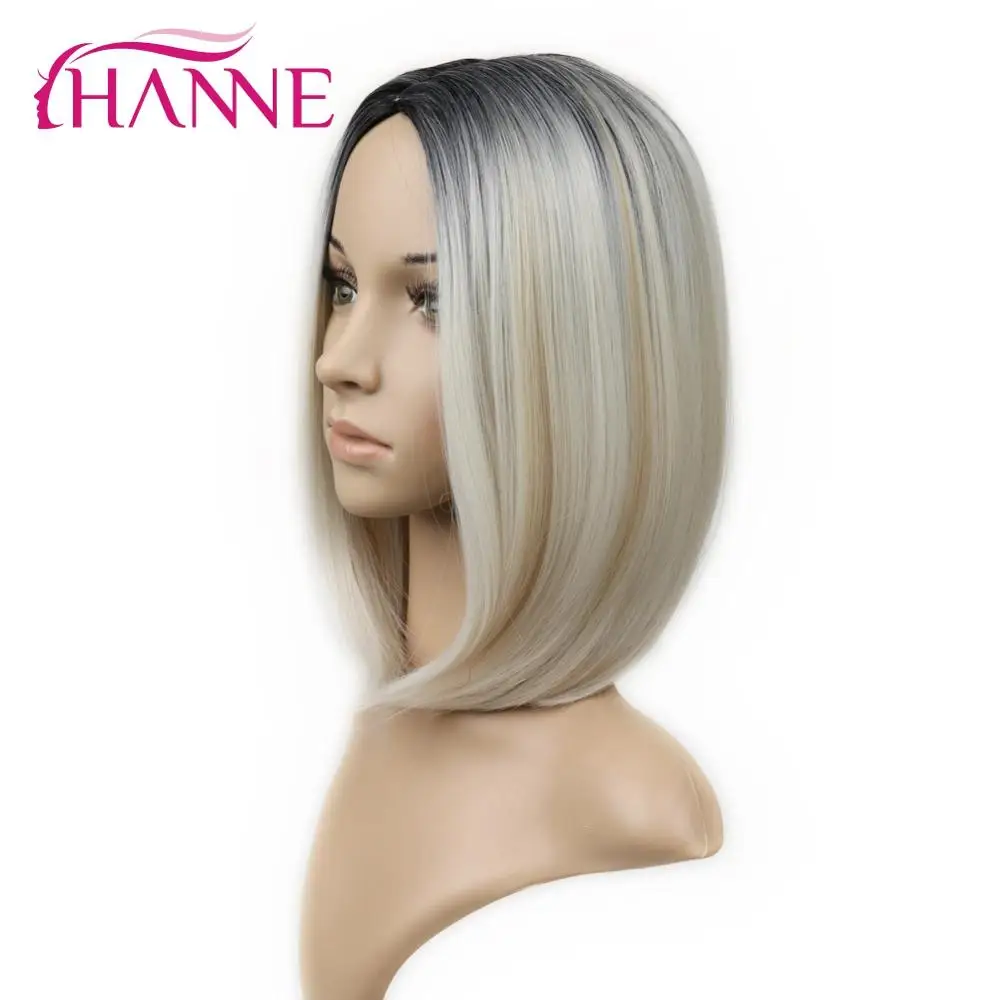 

HANNE Short Synthetic Hair wigs Black Mixed White and Light Brown Bob Wigs Heat Resistant wigs for women