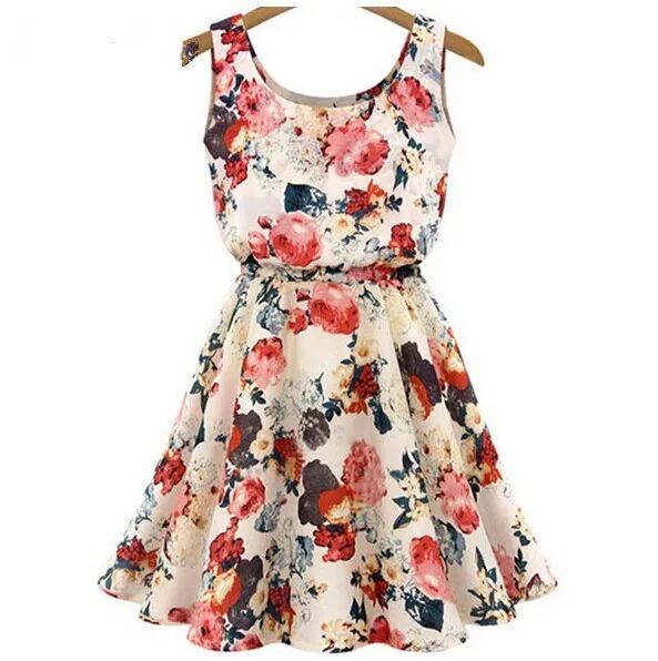 

Fashion Women New Sleeveless Round Neck Florals Print Pleated Dress Summer Clothing